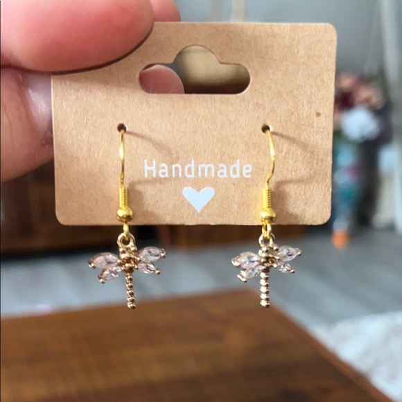 Handmade Dragonfly Earrings with Crystal Accents - Picture 2 of 3
